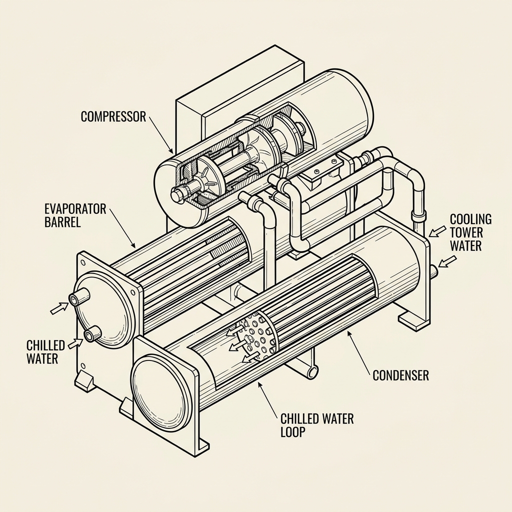 Water-cooled chiller system diagram showing compressor, evaporator barrel, condenser, and chilled water loop