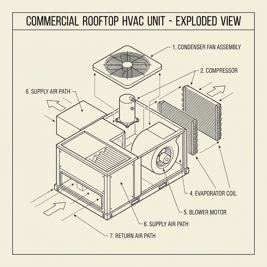 Commercial rooftop HVAC unit exploded diagram showing compressor, evaporator coil, condenser fan, and air paths