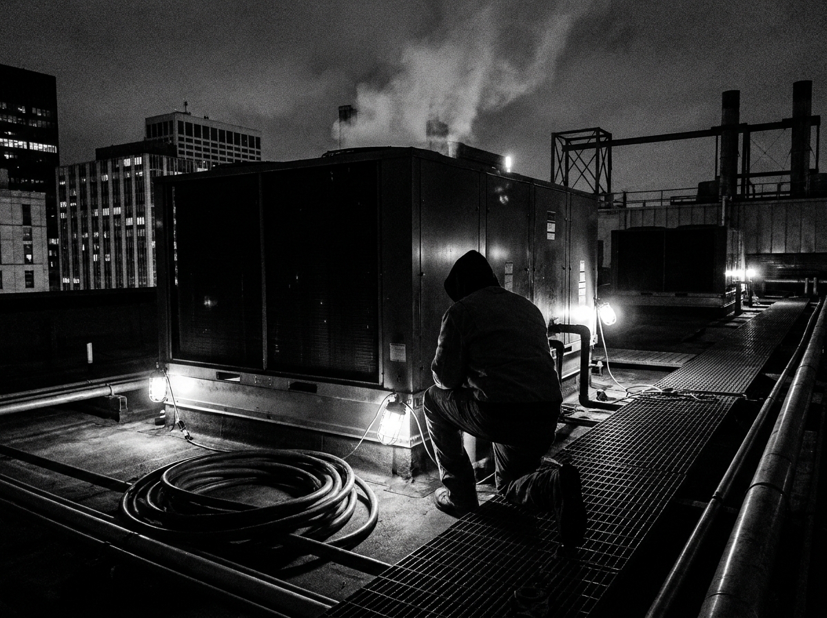 HVAC technician servicing commercial rooftop unit at night